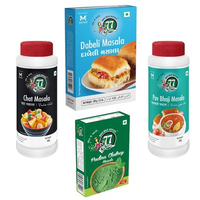 77 Green Tandoori Street Combo  Dabeli Masala 100 g, Pav Bhaji Masala 200 g, Mint Chutney 100 g & Chat Masala 200 g | Indian Street Food Spice & Chutney Kit | No Added Colors or Preservatives