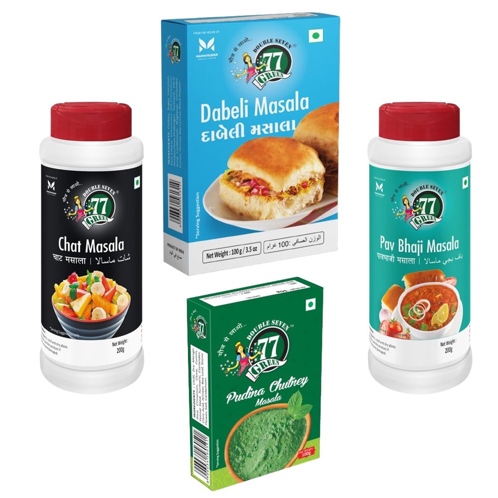 77 Green Tandoori Street Combo Dabeli Masala 100 g, Pav Bhaji Masala 200 g, Mint Chutney 100 g & Chat Masala 200 g | Indian Street Food Spice & Chutney Kit | No Added Colors or Preservatives