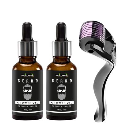 Beard & Hair Growth Oil, 30ml & Derma Roller For Hair Growth 0.5 mm| Dermaroller | Natural & Organic Beard Care with Castor, Argan & Jojoba Oils | Healthier Beard and Hair - Softens, Strengthens (Pack-2)