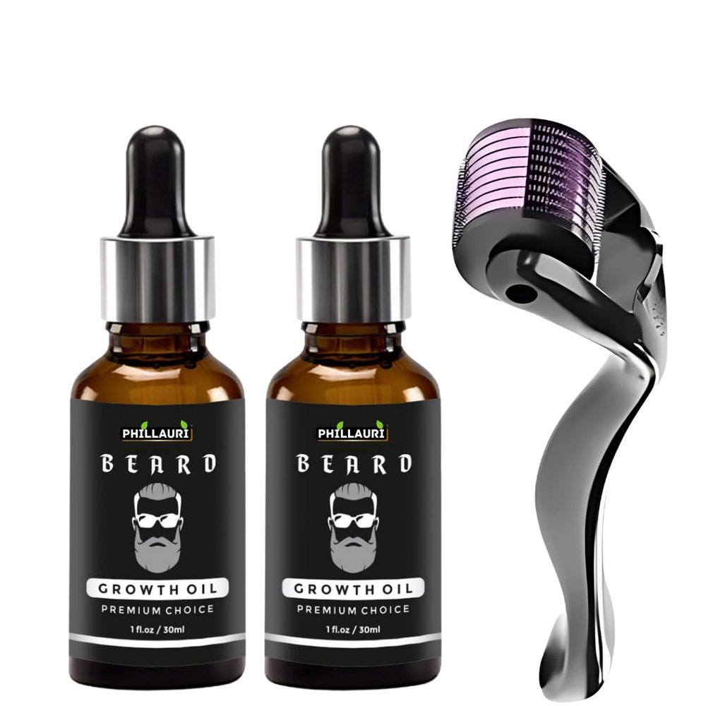Beard & Hair Growth Oil, 30ml & Derma Roller For Hair Growth 0.5 mm| Dermaroller | Natural & Organic Beard Care with Castor, Argan & Jojoba Oils | Healthier Beard and Hair - Softens, Strengthens (Pack-2)