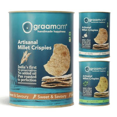 Graamam's Millet Crispies Classic Sweet & Savoury, Coriander & Garlic | Zero Oil Baked Healthy Snacks for Adults & Kids | Bajra Snacks | Healthy Pan Roasted Crispies | Combo of 3 x 100g
