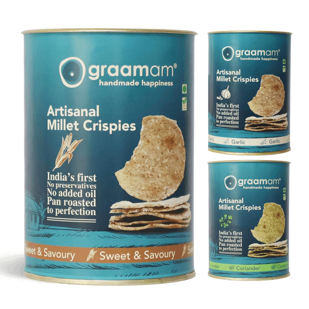Graamam's Millet Crispies Classic Sweet & Savoury, Coriander & Garlic | Zero Oil Baked Healthy Snacks for Adults & Kids | Bajra Snacks | Healthy Pan Roasted Crispies | Combo of 3 x 100g