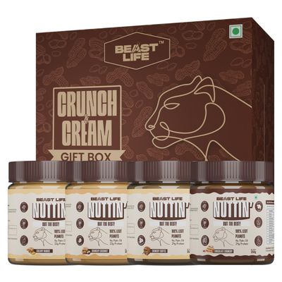 BeastLife Crunch & Cream Peanut Butter Combo Box 4 Flavors (Mango, Coconut, Coffee, Chocolate) | 24.5 G Protein | 350 gm Each | 100% Peanuts, High Protein | Zero Palm Oil | NonGMO Nut Butter | Fitness-Friendly Spread | Zero Cholesterol