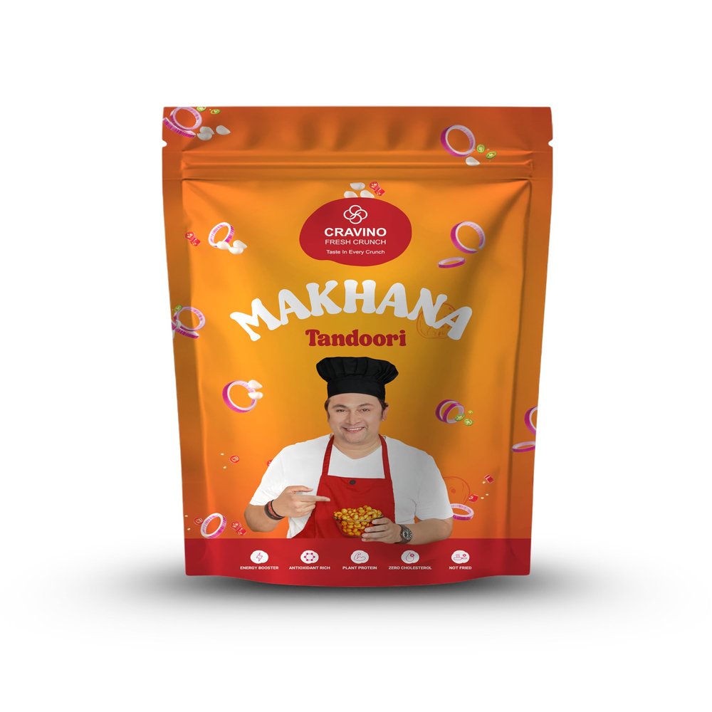 CRAVINO FRESH CRUNCH Premium Tandoori Flavoured Makhana - 50gm | Roasted Fox Nuts | Crunchy, Protein-Rich Healthy Snack | Gluten-Free, Low-Calorie Superfood for Guilt-Free Snacking | Healthy Snacking