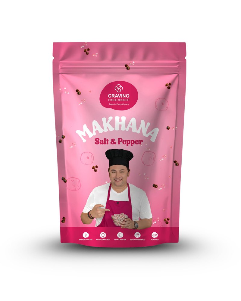 CRAVINO FRESH CRUNCH Premium Salt & Pepper Flavoured Makhana - 50gm | Roasted Fox Nuts | Crunchy, Protein-Rich Healthy Snack | Gluten-Free, Low-Calorie Superfood for Guilt-Free Snacking | Healthy Snacking