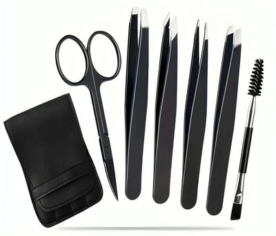 6PCS Professional Eyebrow Tweezers Set for Women & Men | Premium Stainless Steel Precision Tweezer Kit for Eyebrows, Ingrown Hair & Facial Hair Plucking | Slant, Pointed & Flat Tip Tweezers with Case