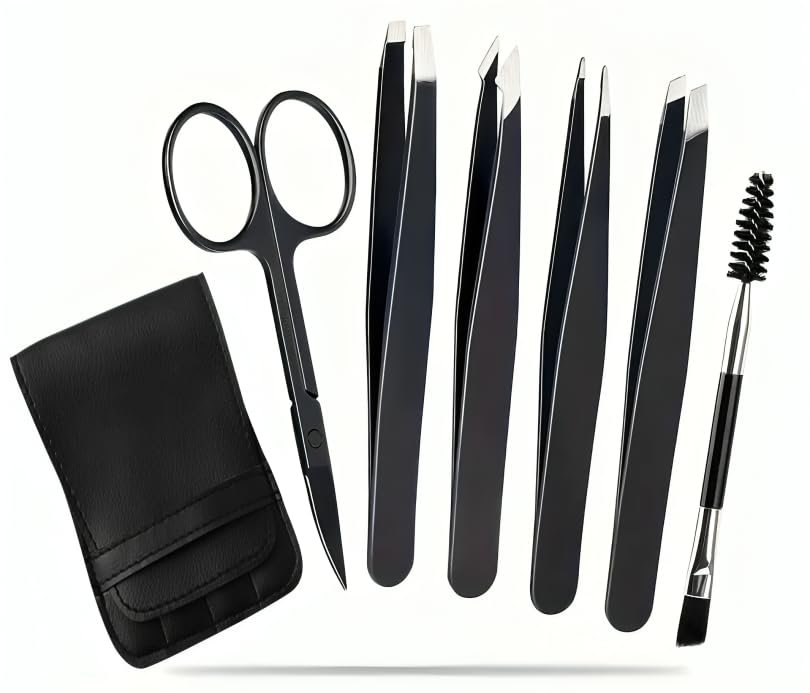 6PCS Professional Eyebrow Tweezers Set for Women & Men | Premium Stainless Steel Precision Tweezer Kit for Eyebrows, Ingrown Hair & Facial Hair Plucking | Slant, Pointed & Flat Tip Tweezers with Case