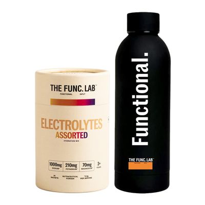 The Func. Lab Daily Electrolytes with Steel Bottle | Assorted,30 Sachets | Sugar-Free Hydration with Sodium, Potassium & Magnesium | Instant Energy, Performance & Recovery Supplement | No Preservative