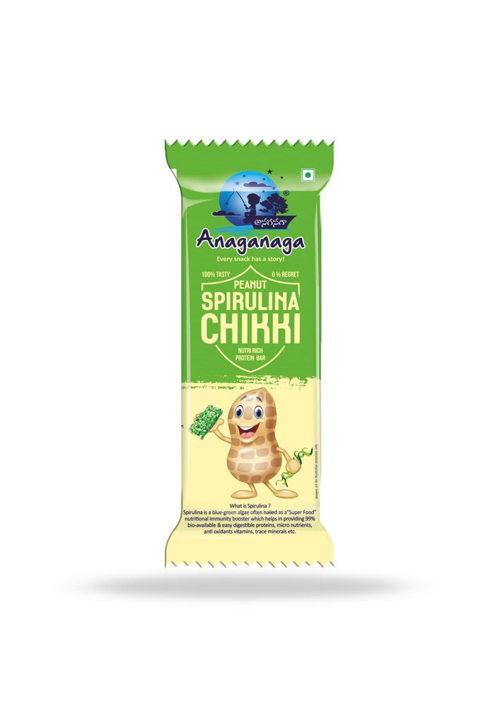Anaganaga - Peanut Spirulina Chikki Nutri Rich Protein Bar - (Pack of 10, 25Grams Each Bar)