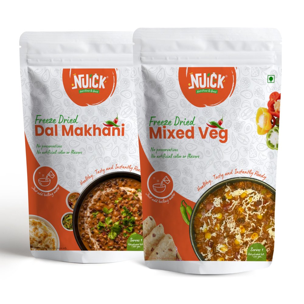 Nuick Ready to Eat Dal Makhani and Mixed Veg Combo | Freeze Dried Instant Meal | Healthy, Tasty and Convenient | Preservatives Free, No Added Sugar | Pack of 2 (rehydrated wt: 560g)