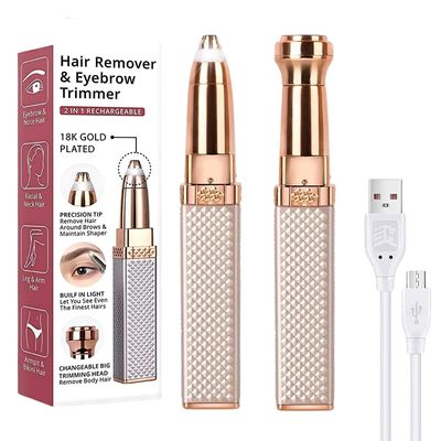 Eyebrow Trimmer for Women 2 in 1 Rechargeable Facial Hair Remover with Replaceable Heads, Professional Painless Personal Hair Removal Eyebrow Razor with Indicator Lights (Rose Gold)
