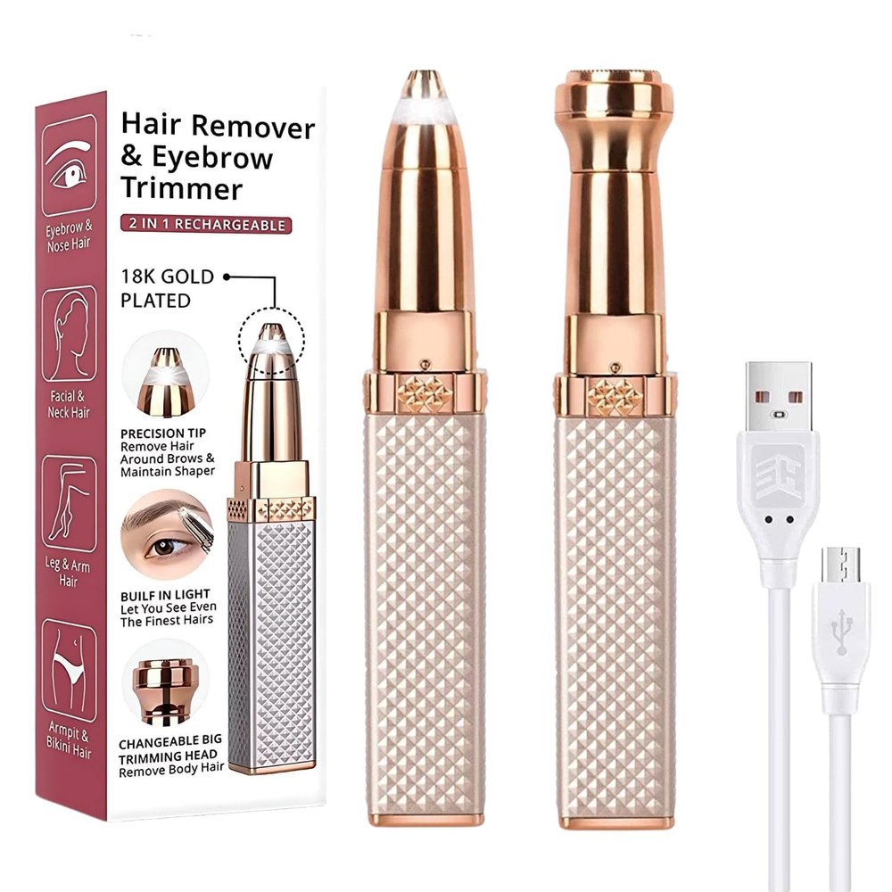Eyebrow Trimmer for Women 2 in 1 Rechargeable Facial Hair Remover with Replaceable Heads, Professional Painless Personal Hair Removal Eyebrow Razor with Indicator Lights (Rose Gold)