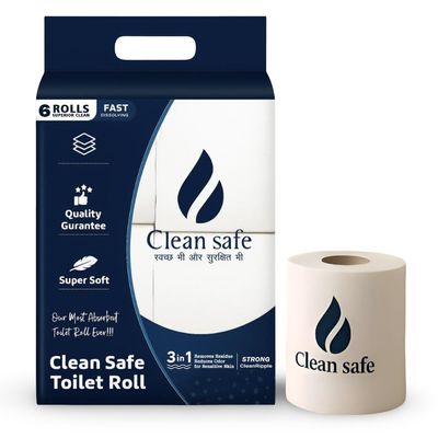 CLEAN SAFE Toilet Roll Pack of 6 Rolls | Super Soft, 3-in-1 Strong Bathroom Tissue | Fast Dissolving & Lint-Free Toilet Paper | Septic Safe, Skin-Friendly | Ideal for Home, Office, and Travel Use