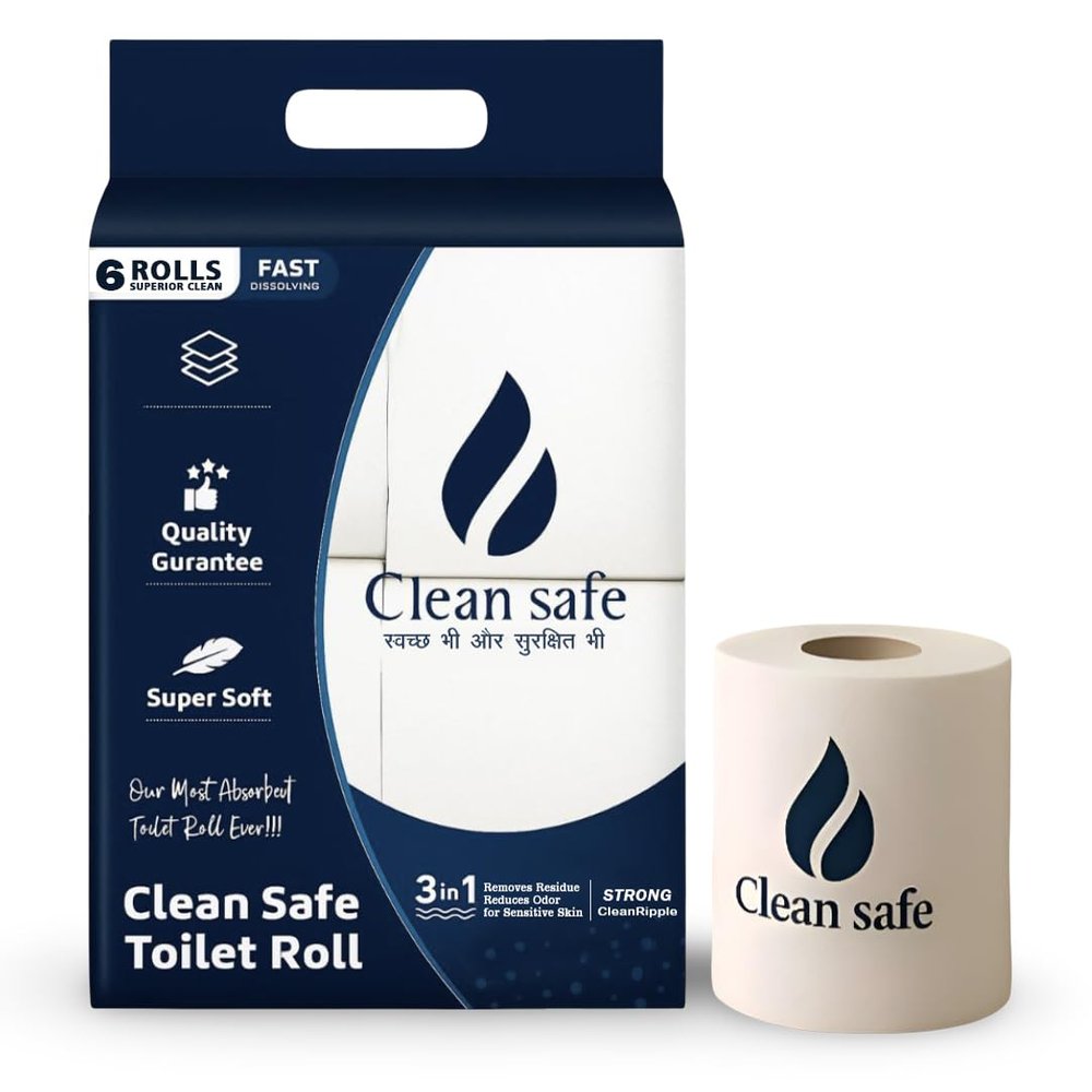 CLEAN SAFE Toilet Roll  Pack of 6 Rolls | Super Soft, 3-in-1 Strong Bathroom Tissue | Fast Dissolving & Lint-Free Toilet Paper | Septic Safe, Skin-Friendly | Ideal for Home, Office, and Travel Use