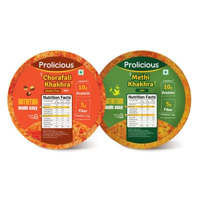 Prolicious 2X Protein Methi & Chorafali Khakhra | NO Palm Oil | Crispy | Ready to Eat | Flavourful | High Protein Healthy Anytime Snack (Pack of 2, 170 Grams each)