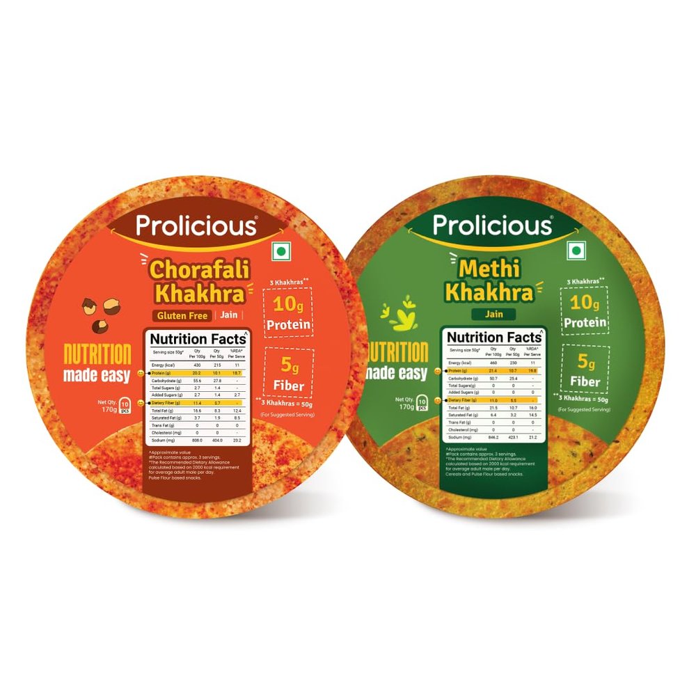 Prolicious 2X Protein Methi & Chorafali Khakhra | NO Palm Oil | Crispy | Ready to Eat | Flavourful | High Protein Healthy Anytime Snack (Pack of 2, 170 Grams each)