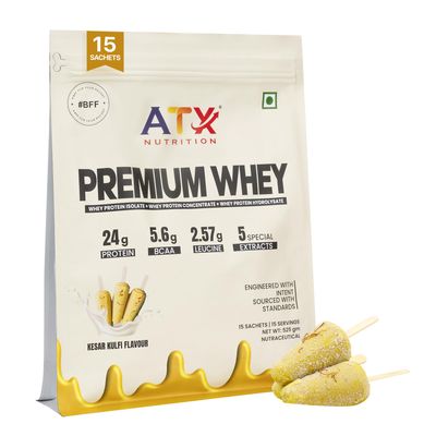 ATX Nutrition Premium Whey Protein Isolate + Concentrate Kesar Kulf 525g - 15 Sachets | 24g Protein, 5.6g BCAA, 2.57g Leucine | Hydrolysate Blend with Ayurvedic Extracts & DigeZyme