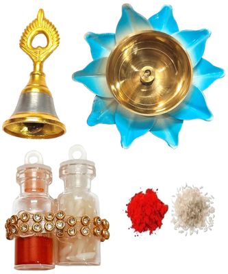 Bhai Dooj Gift Set for Brother - Brass Diwali Set with Decorative Bell, Lotus Diya, Crystal Roli Chawal for Bhaiya Tikka