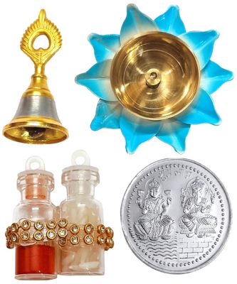 Bhai Dooj for Brother - Diwali Gift Set with Decorative Bell, Lotus Diya & Laxmi Ganesh Silver Color Coin, Glass Roli Chawal for Bhaiya Tikka