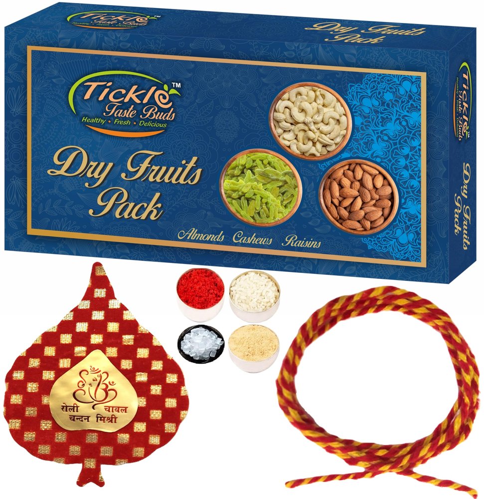 Bhai Dooj Gift Dry Fruit Pack - Badam, Kaju, Kishmish Box 150gms, Pack of Roli, Moli, Chawal, Chandan, Mishri for Brother Bhaiya Tikka & Personal Message