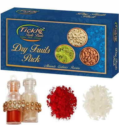 Bhai Dooj Gift for Brother - Dry Fruit Pack with Badam, Kaju, Kishmish Box 300gms, Glass Bottle of Roli, Chawal for Brother Bhaiya Tikka & Personal Message