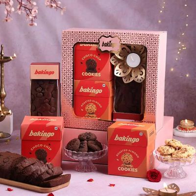 Bakingo Premium Gift Hamper of 2 Assorted Cookies, Tea Cake, Tea Light Candle, Small Diya In Box For Birthday Gift, Anniversary Gift, Christmas Gift & New Year Gift (Same Day Delivery)