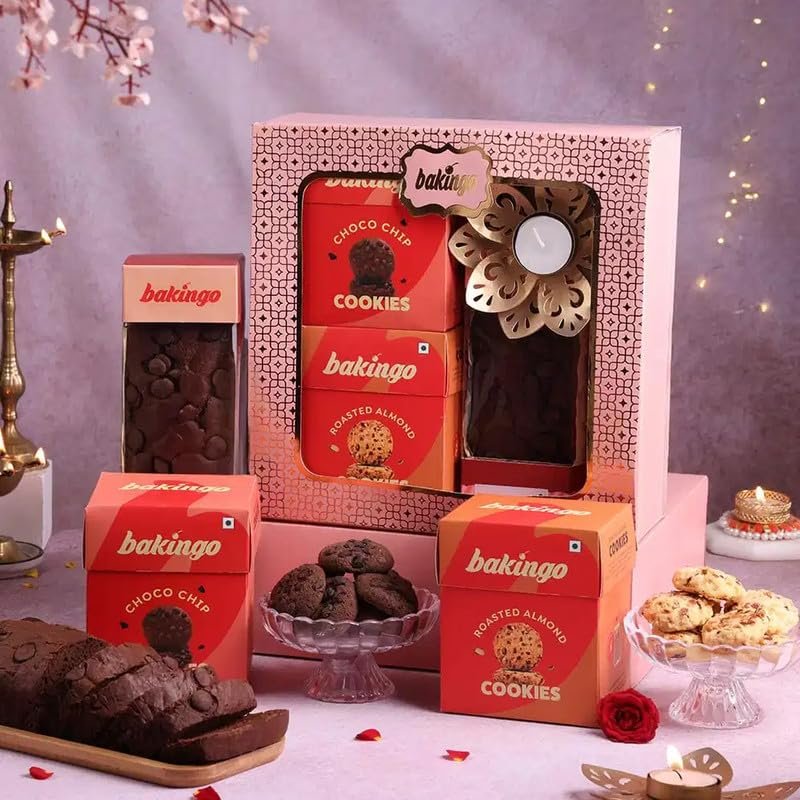 Bakingo Premium Gift Hamper of 2 Assorted Cookies, Tea Cake, Tea Light Candle, Small Diya In Box For Birthday Gift, Anniversary Gift, Christmas Gift & New Year Gift (Same Day Delivery)