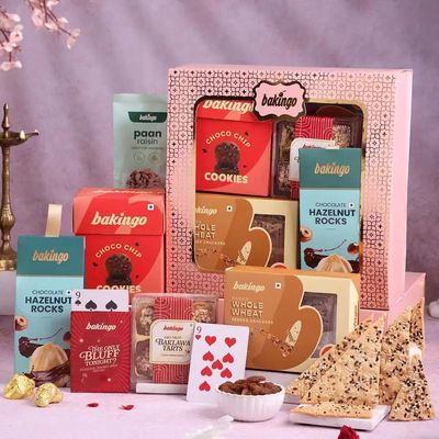 Bakingo Premium Gift Hamper of Wheat Cracker, Choco Cookies, Hazelnut Rocks, Baklawa Tarts, Paan Raisins & Cards For Birthday Gift, Anniversary Gift, Christmas Gift & New Year Gift (Same Day Delivery)