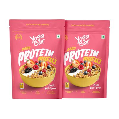 Yogabar Daily Protein Muesli 400g, Pack of 2 | No Refined Sugar | High Fibre | Rich in Omega-3 | Protein Source | Breakfast Cereal | Veg
