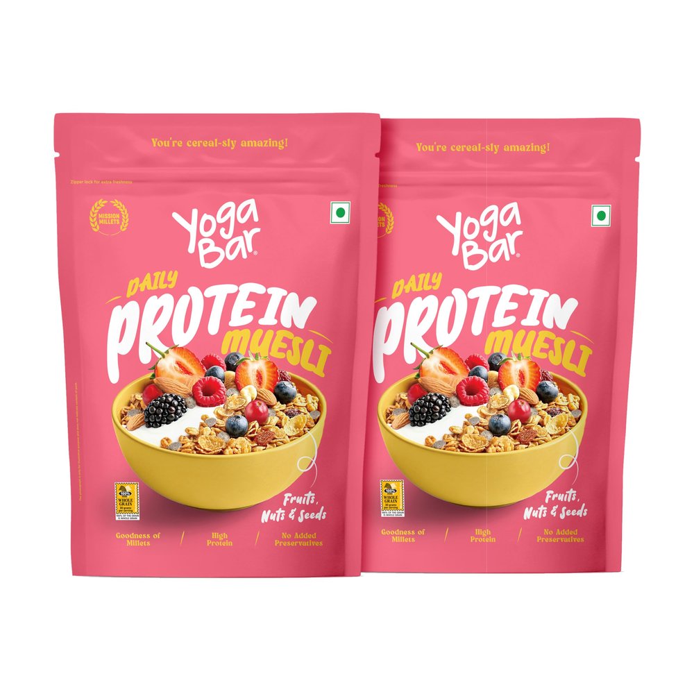 Yogabar Daily Protein Muesli 400g, Pack of 2 | No Refined Sugar | High Fibre | Rich in Omega-3 | Protein Source | Breakfast Cereal | Veg