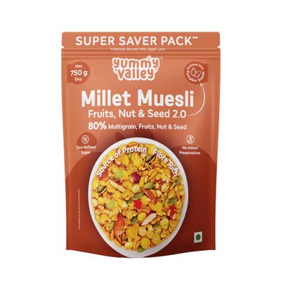 Yummy Valley Millet Muesli Fruit, Nut & Seed 2.0 | 80% Multigrain with Sorghum, Fruits, Almonds & Seeds | No Refined Sugar | Jaggery Sweetened | High Fibre & Protein | 750g