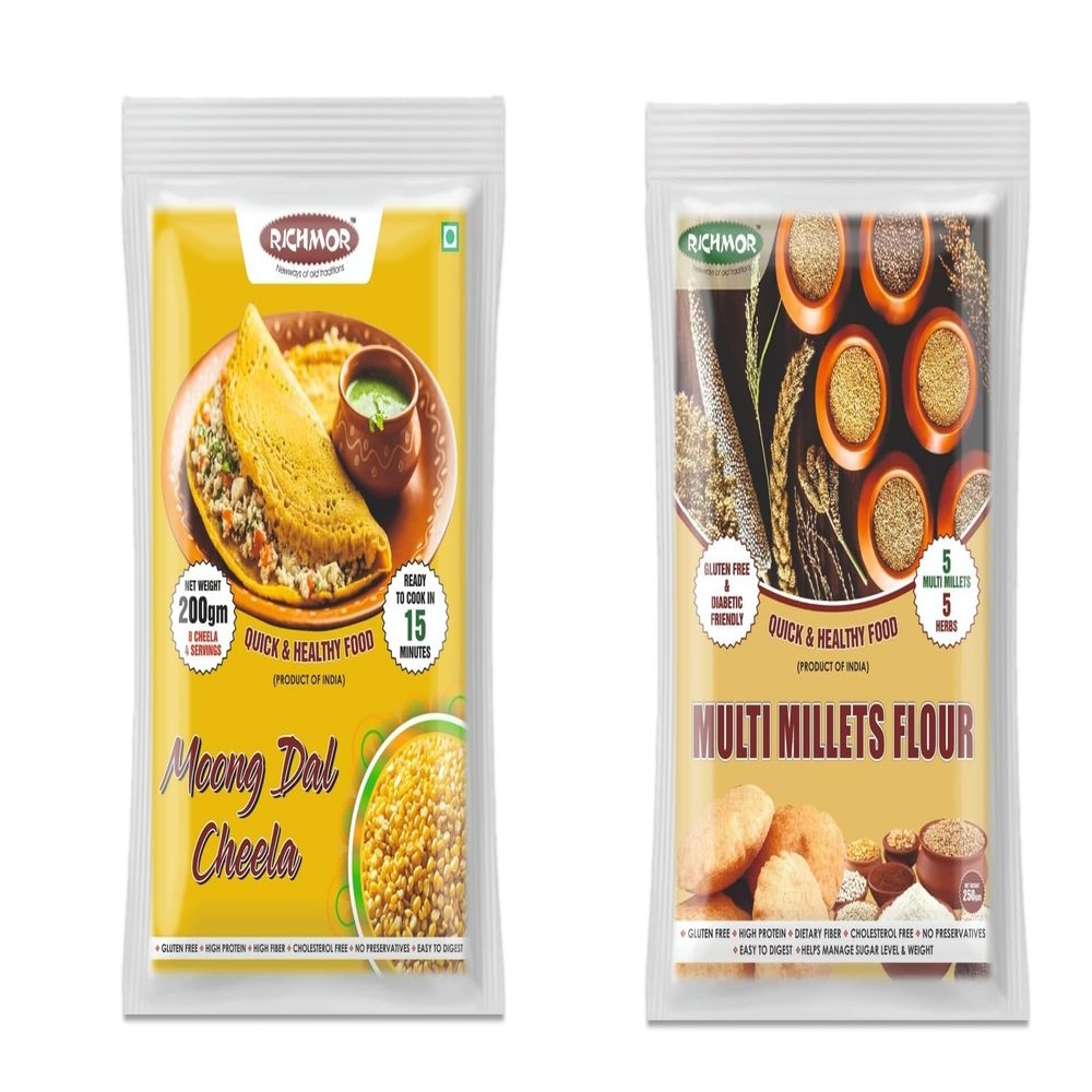 RICHMOR Moong Dal Cheela Mix (200g) & Multi Millets Flour Combo | Gluten-Free, High Protein & Fiber | Diabetic Friendly | Quick Healthy Breakfast & Roti Mix