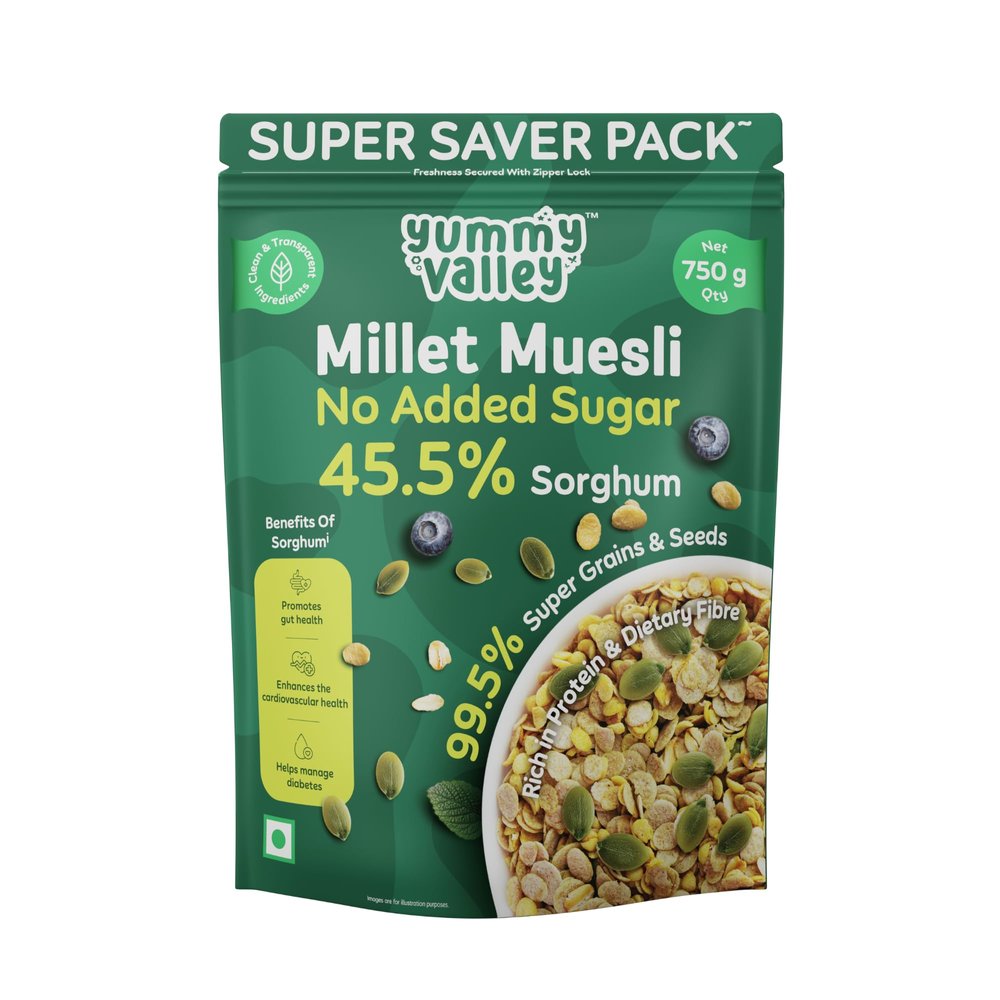 Yummy Valley Millet Muesli No Added Sugar | 45.5% Sorghum | 99.5% Super Grains & Seeds | Rich in Protein & Dietary Fibre | No Artificial Sweeteners or Preservatives | Low Sugar | 750g Pack