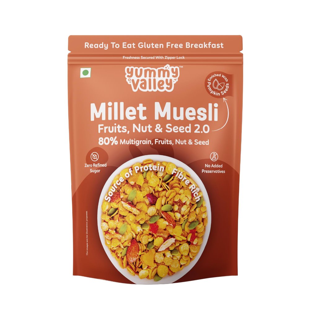 Yummy Valley Millet Muesli Fruit, Nut & Seed 2.0 | 80% Multigrain with Sorghum, Fruits, Almonds & Seeds | No Refined Sugar | Jaggery Sweetened | High Fibre & Protein | 500g