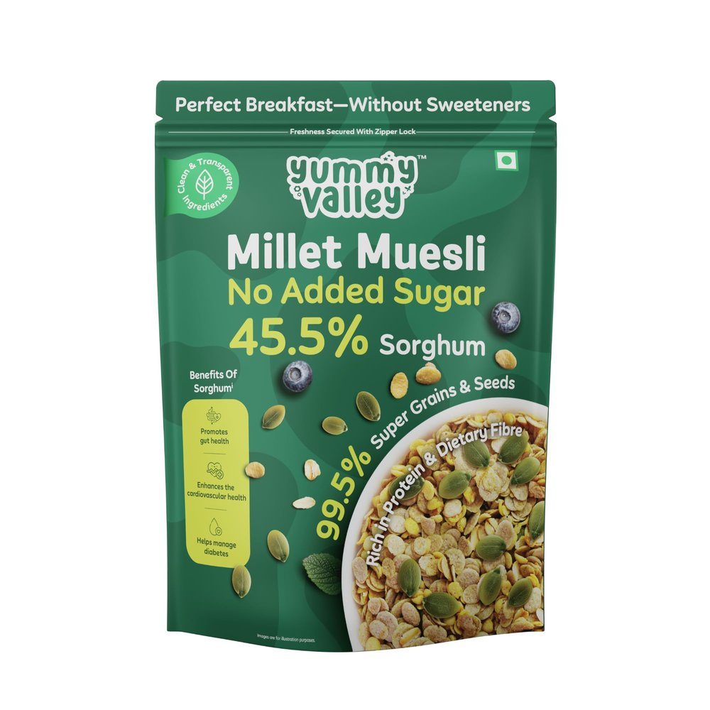 Yummy Valley Millet Muesli No Added Sugar | 45.5% Sorghum | 99.5% Super Grains & Seeds | Rich in Protein & Dietary Fibre | No Artificial Sweeteners or Preservatives | 500g Pack