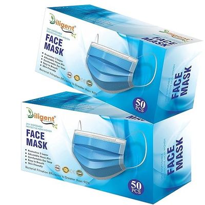 Diligent- We Care For your Life 3-Ply Face Mask | Disposable Protective Non-Woven | Surgical Pollution Mask with Nose Pin & Soft Earloops | Skin-Friendly (Blue, 100)