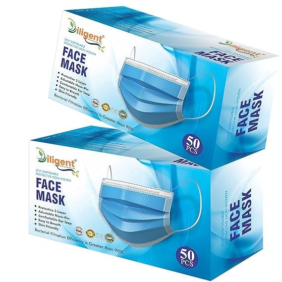 Diligent- We Care For your Life 3-Ply Face Mask | Disposable Protective Non-Woven | Surgical Pollution Mask with Nose Pin & Soft Earloops | Skin-Friendly (Blue, 100)
