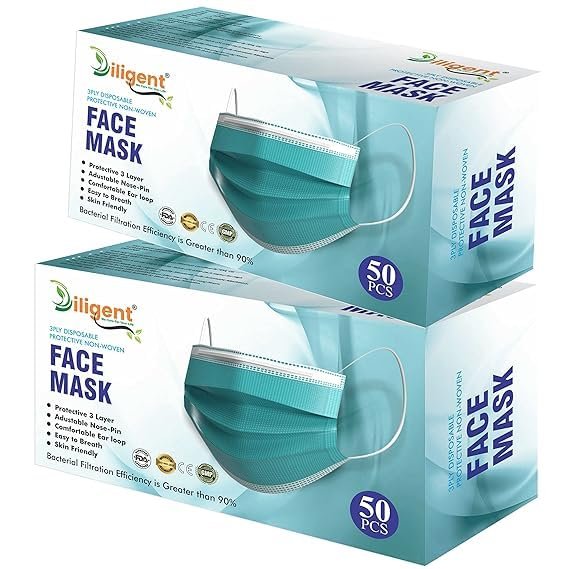 Diligent- We Care For your Life 3-Ply Face Mask | Disposable Protective Non-Woven | Surgical Pollution Mask with Nose Pin & Soft Earloops | Skin-Friendly (Green, 100)