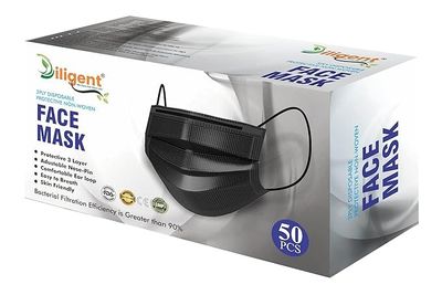 Diligent- We Care For your Life 3-Ply Face Mask | Disposable Protective Non-Woven | Surgical Pollution Mask with Nose Pin & Soft Earloops | Skin-Friendly (Black, 50)