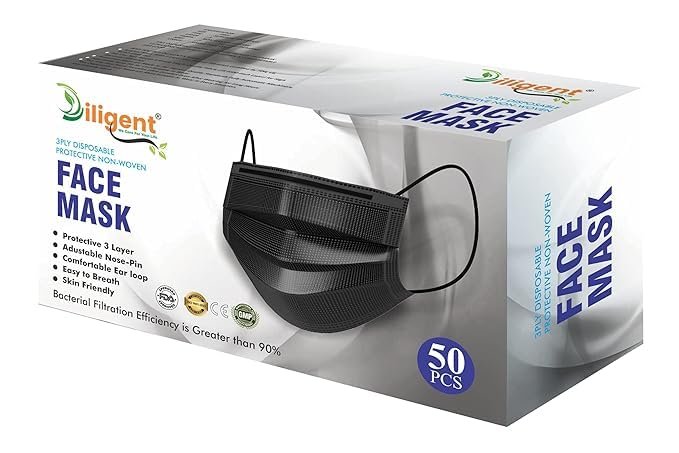 Diligent- We Care For your Life 3-Ply Face Mask | Disposable Protective Non-Woven | Surgical Pollution Mask with Nose Pin & Soft Earloops | Skin-Friendly (Black, 50)