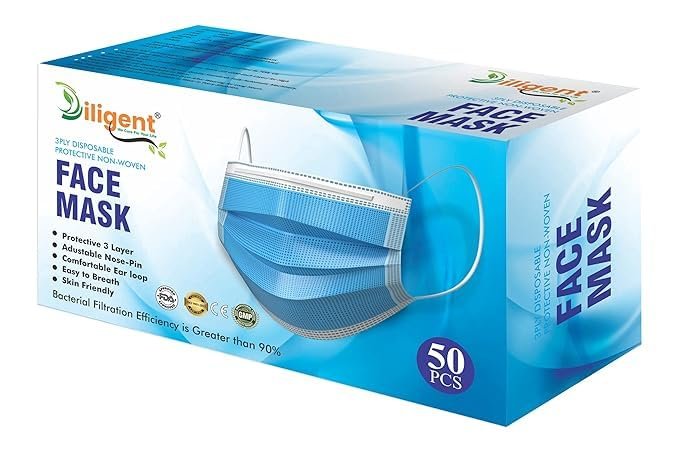 Diligent- We Care For your Life 3-Ply Face Mask | Disposable Protective Non-Woven | Surgical Pollution Mask with Nose Pin & Soft Earloops | Skin-Friendly (Blue, 50)