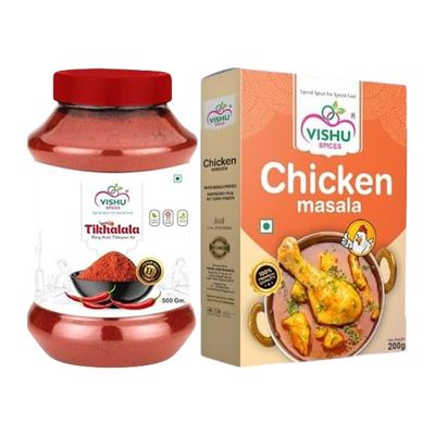 VISHU FOOD Combo Pack of Tikhalal Red Chilli Powder - 500g & Chicken Powder - 50g | Handpicked Indian Spices, Rich in Traditional Indian Taste, Aroma and Authentic Flavour|Ideal for Everyday Cooking