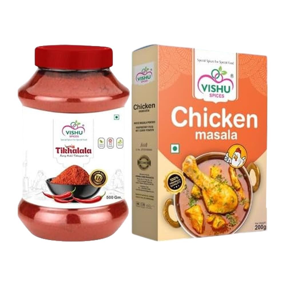 VISHU FOOD Combo Pack of Tikhalal Red Chilli Powder - 500g & Chicken Powder - 50g | Handpicked Indian Spices, Rich in Traditional Indian Taste, Aroma and Authentic Flavour|Ideal for Everyday Cooking