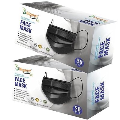 Diligent- We Care For your Life 3-Ply Face Mask | Disposable Protective Non-Woven | Surgical Pollution Mask with Nose Pin & Soft Earloops | Skin-Friendly (Black, 100)