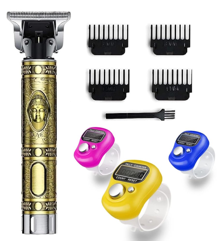 Hair Trimmer For Men Golden Body,Cordless,4 Guide Combs,USB Rechargeable,Men'S T9 Golden Zero Gap Beard & Hair Clipper With Guide Combs & Brush With 3 Telly Counter FREE (COMBO OFFER) PACK-4