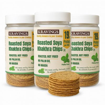 Kravings Roasted Pudina Protein Khakhra Made With Soyabean Flour, 19g Protein per 100g, Plant Protein & Roasted Not Fried, No Palm Oil, Zero Trans Fat, & Cholesterol (Pudina, Pack of 3 & 100g Each)