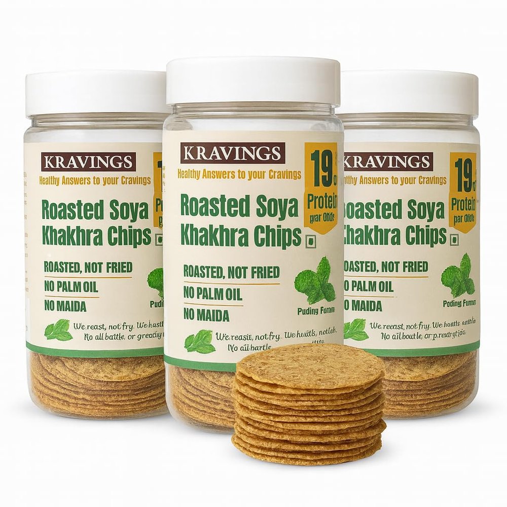 Kravings Roasted Pudina Protein Khakhra Made With Soyabean Flour, 19g Protein per 100g, Plant Protein & Roasted Not Fried, No Palm Oil, Zero Trans Fat, & Cholesterol (Pudina, Pack of 3 & 100g Each)