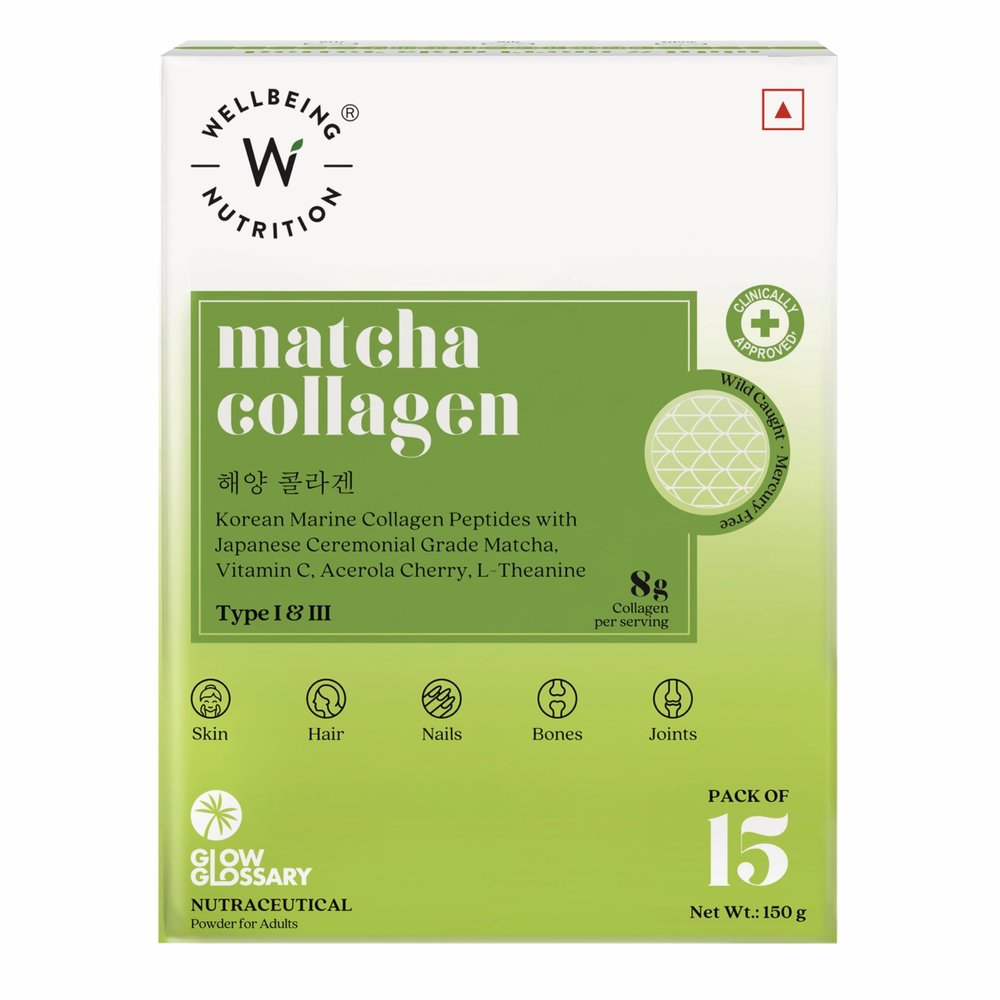 Wellbeing Nutrition Matcha Collagen for Skin Radiance| Korean Marine Collagen Peptides & Japanese Organic Matcha Green tea for Immunity, Gut Health, Hair, Skin & Nails| Pack of 15