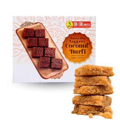 Sk Sweets - Coconut Jaggery Burfi | Traditional South Indian Mithai Sweets | Healthy Sweet Made with Pure Coconut & Organic Jaggery (Pack of 2, 20, count)