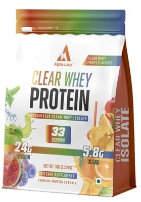 Alpha Labz Clear Whey Protein | Hydrolyzed Whey Isolate | 24g Protein, 5.8g BCAAs, 33 Servings | Mango Flavour | Fast Absorbing | Low Carb & Fat | For Muscle Recovery & Lean Muscle Growth | 1kg